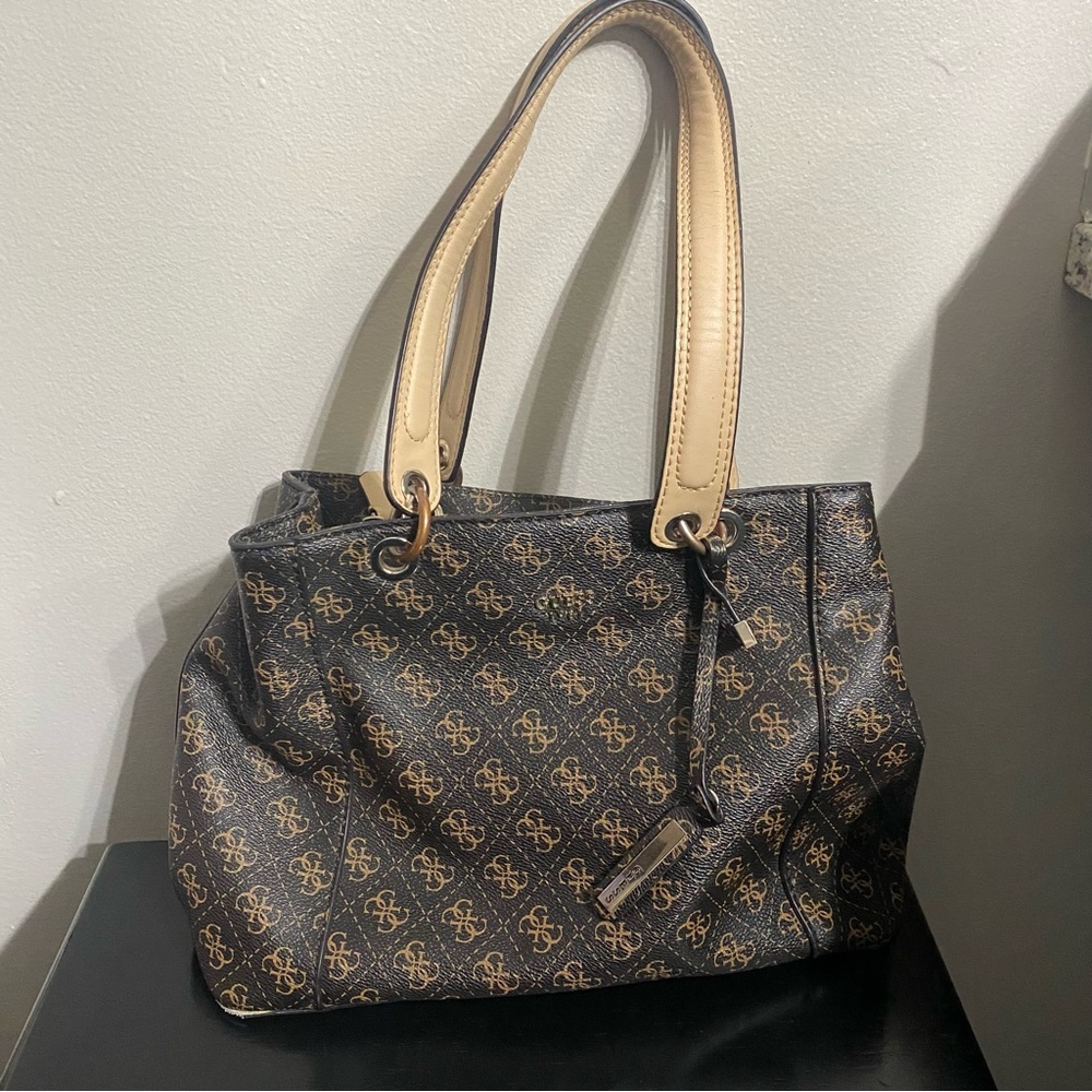 Guess  Brown Monogram Logo Tote Bag Purse Brown